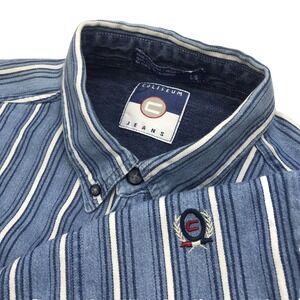 VINTAGE Coliseum DENIM Button Shirt‎ MENS Large Blue COLORBLOCK STRIPES 90s Y2K